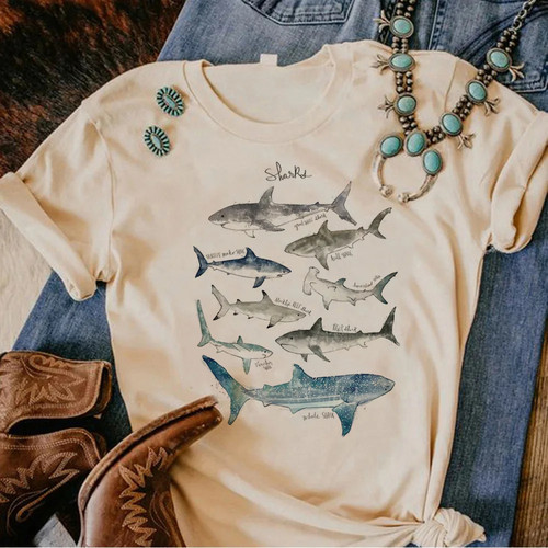 Whale T shirt 新款鲨鱼鲸鱼印花T恤夏季男女大码情侣装圆领上衣