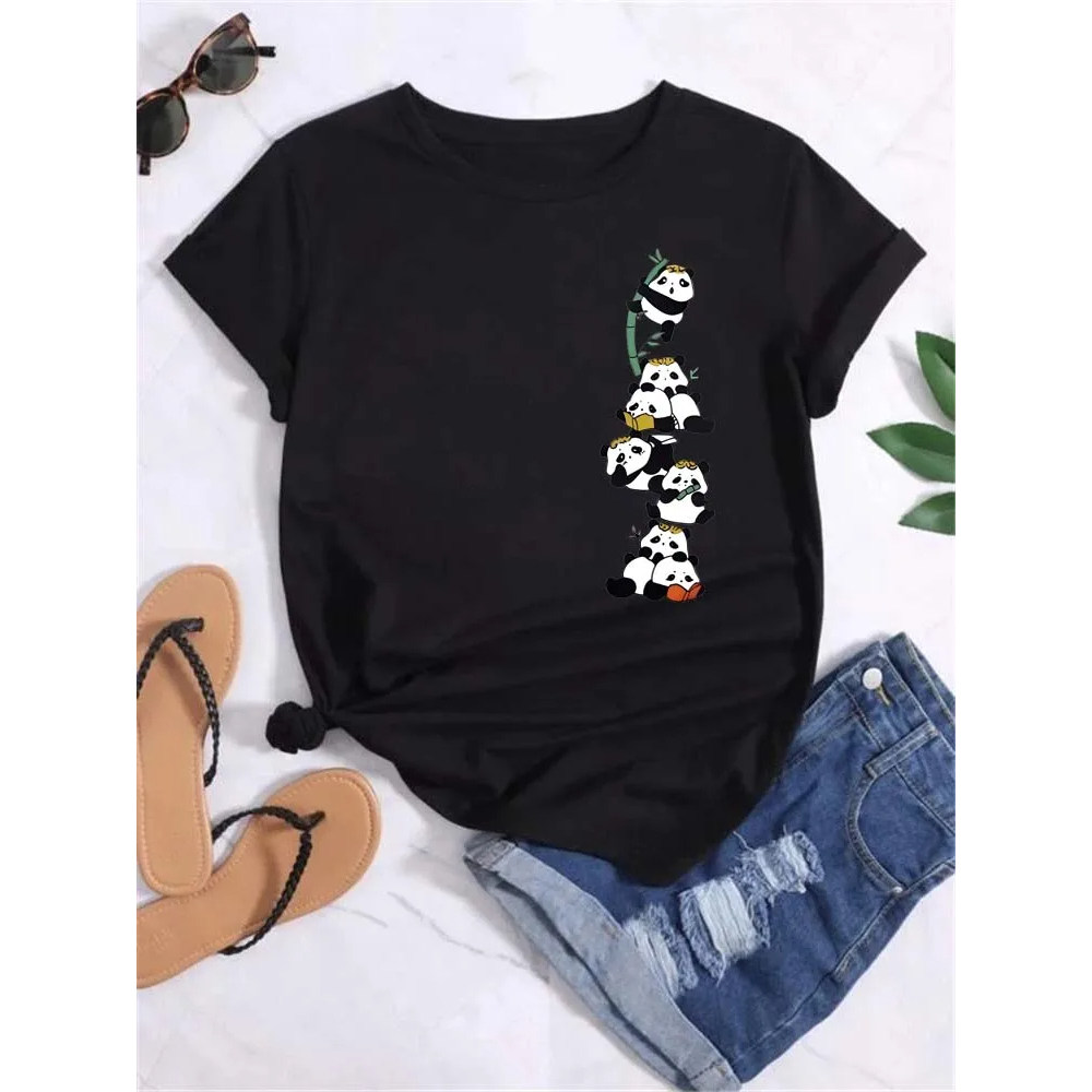 Panda T shirt 卡通可爱熊猫印花女士黑色短袖上衣T恤夏季休闲T恤