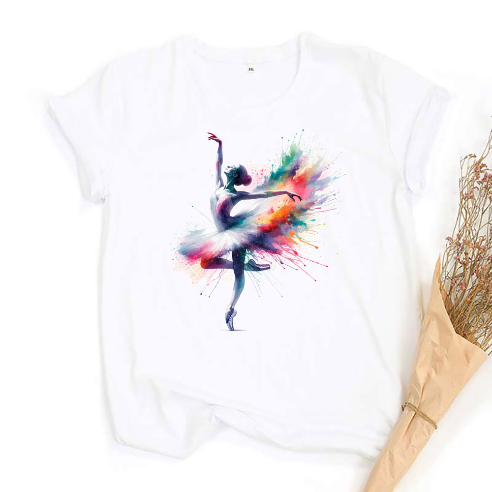 Ballet T shirt 时尚水彩画芭蕾舞蹈员印花女士大码夏季百搭体恤