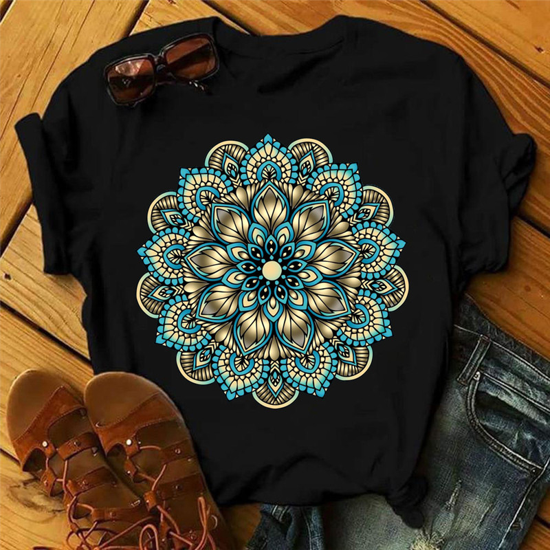 新款欧美风曼陀罗花印花小众风女士黑色短袖t恤上衣莫代尔体恤衫