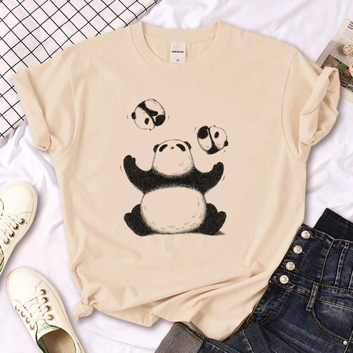 Panda T shirt 卡通可爱熊猫印花卡其色圆领大码短袖T恤打底衫潮