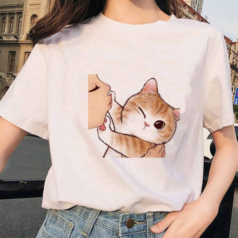 可爱猫咪T恤2021夏季韩版宽松女士短袖T恤情侣款亲子半袖大码上衣