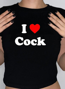 I Cock T shirt 性感女装港风个性我爱公鸡印花T恤女休闲露脐体恤