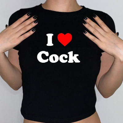 I Cock T shirt 性感女装港风个性我爱公鸡印花T恤女休闲露脐体恤