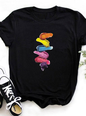 Nail polish Tshirt 欧美时尚指甲油印花T恤女黑色短袖街头上衣夏