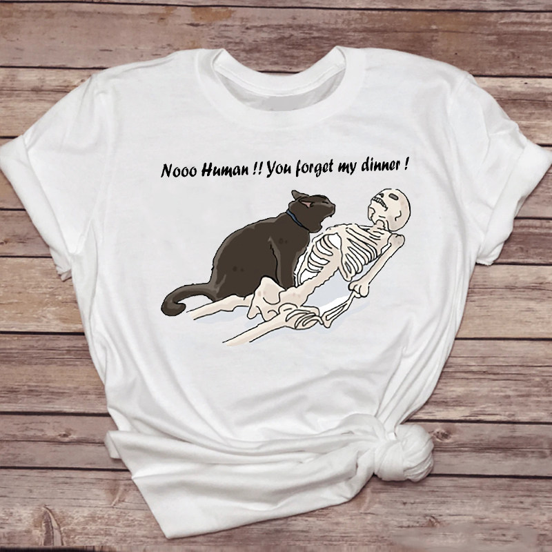 Cat Skull Tshirt 夏季个性骷髅猫咪印花T恤女小众风休闲百搭短袖