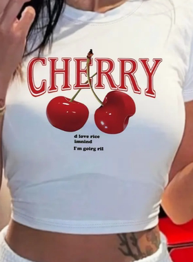 Cherry T shirt 夏季露脐短款T恤时尚樱桃印花性感内搭外穿上衣服