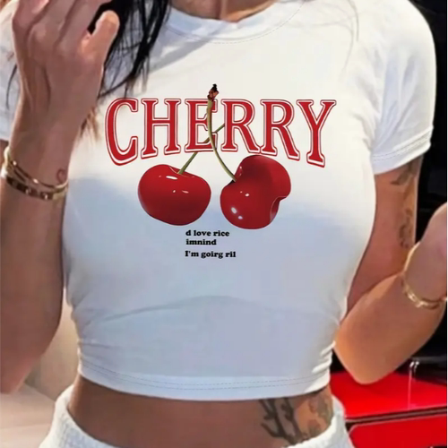 Cherry T shirt 夏季露脐短款T恤时尚樱桃印花性感内搭外穿上衣服