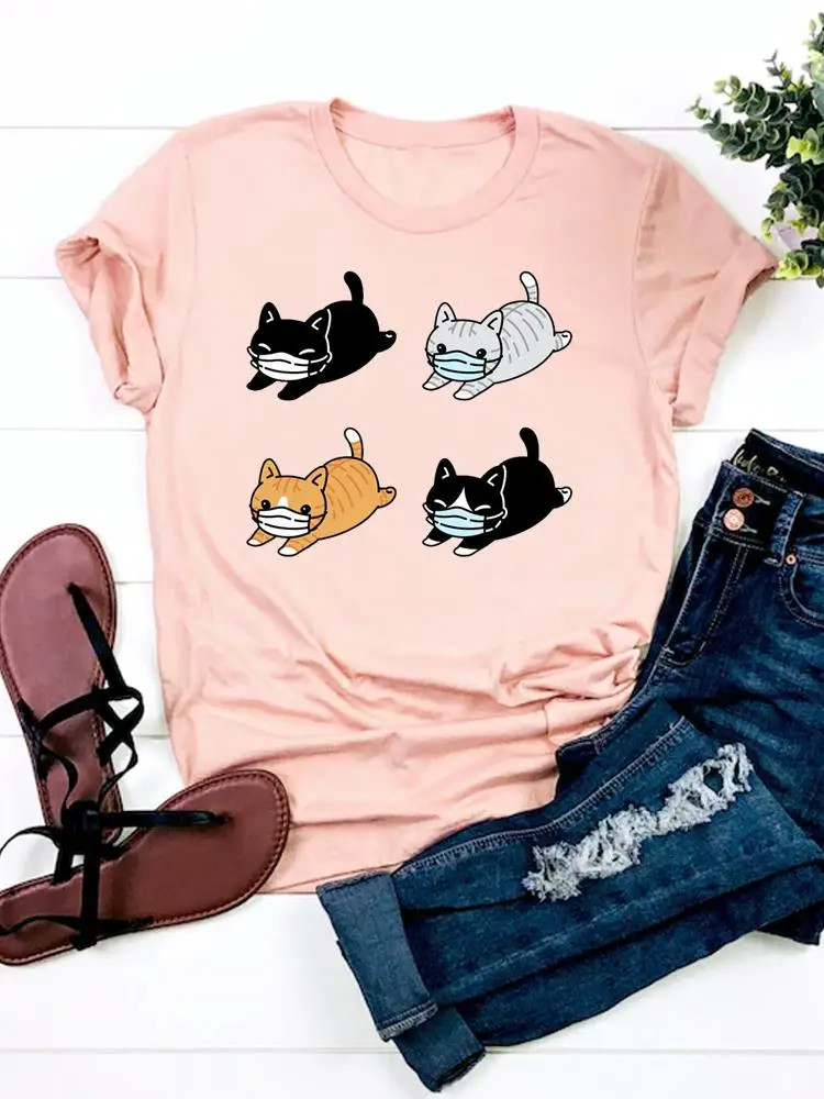 Cute Cat T shirt 卡通猫咪口罩印花休闲大码女士粉色圆领上衣服