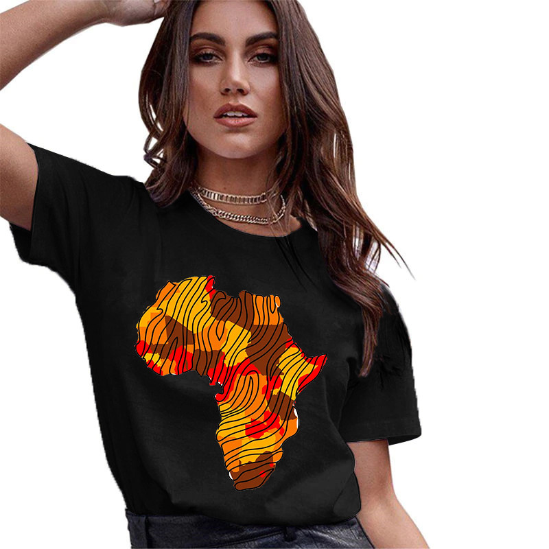 Africa T shirt 新款黑色T恤夏季女士个性非洲大陆印花休闲短袖衫