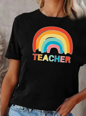 Teacher Tshirt 新款教师节老师字母印花黑色短袖上衣女士夏季T恤