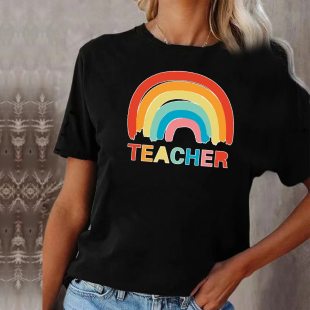 Teacher Tshirt 新款教师节老师字母印花黑色短袖上衣女士夏季T恤