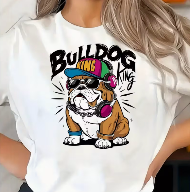 Bulldog T shirt 新款时尚斗牛犬狗狗音乐印花圆领短袖T恤打底衫