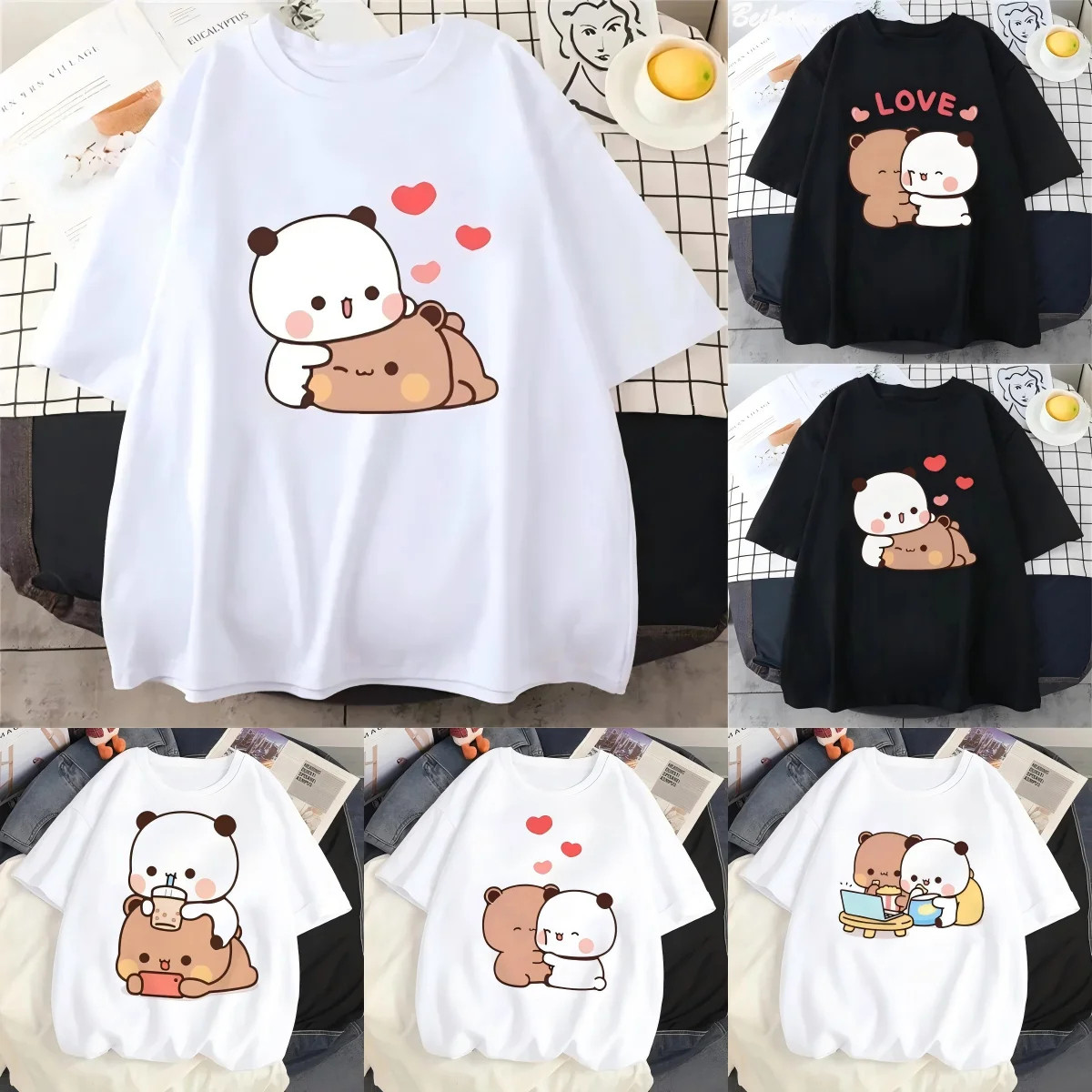 Cartoon Bear T shirt 欧美风新款卡通小熊印花T恤男女情侣上衣