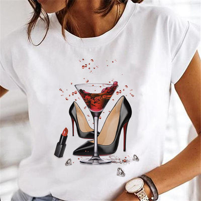 Sweet Wine T shirt 新款夏季清新女士T恤高跟鞋酒杯印花体恤上衣