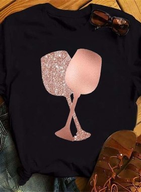 Wine Glasses Tshirt 2022年夏季新款红酒杯印花黑色莫代尔T恤衫