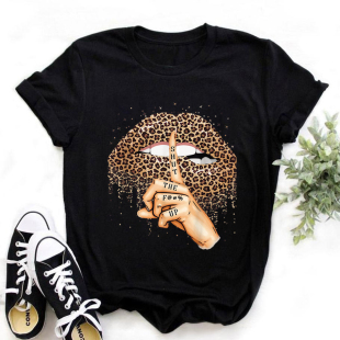 Leopard Lips T shirt 潮流豹纹嘴唇印花T恤女短袖夏季百搭体恤衫