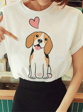 Dog Tshirt 卡通可爱狗狗印花T恤女士休闲宽松圆领上衣白色亲子衫
