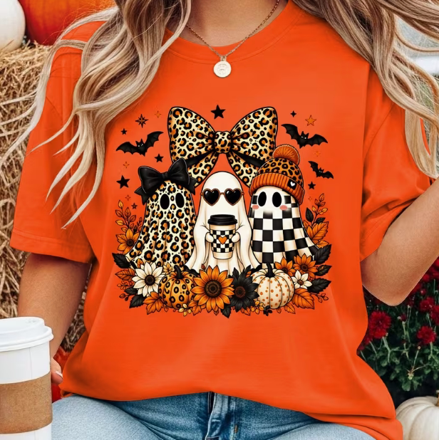 Halloween T shirt 卡通可爱万圣节幽灵豹纹蝴蝶结印花T恤亲子装