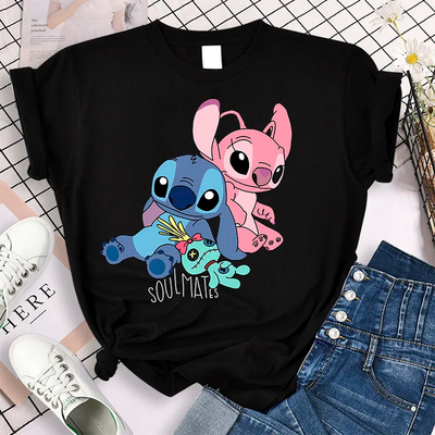 Stitch T shirt  超火卡通星际宝贝印花短袖女士圆领短袖T恤黑色