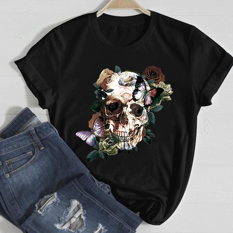 Skull Flower T shirt 夏季黑色短袖个性骷髅花T恤小众风圆领体恤
