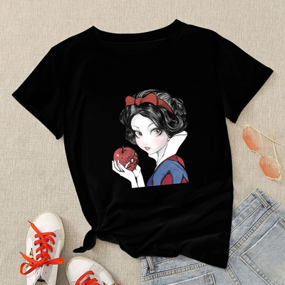 Cartoon Princess T shirt 卡通公主印花T恤夏季女装黑色短袖衫