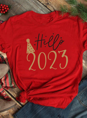 Hello 2023 New Year T shirts 2023新年短袖T恤红色新年快乐体恤
