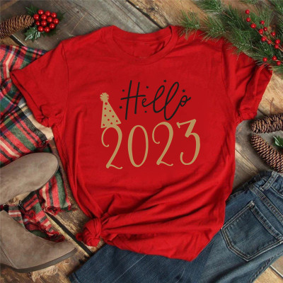 Hello 2023 New Year T shirts 2023新年短袖T恤红色新年快乐体恤