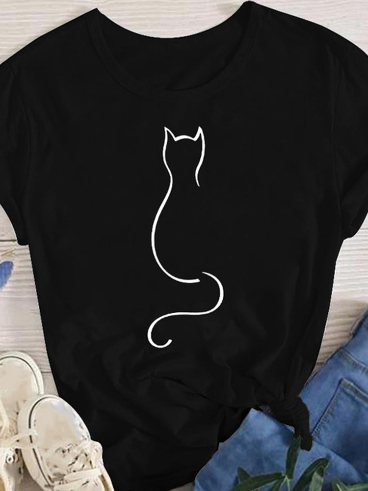 Cat T shirt 夏季黑色短袖个性简笔画猫咪T恤短袖男女百搭半袖衫