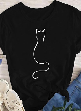 Cat T shirt 夏季黑色短袖个性简笔画猫咪T恤短袖男女百搭半袖衫