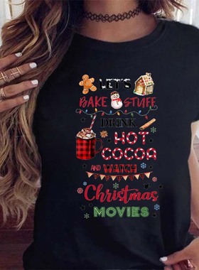 Black T Shirt Christmas Women 黑色短袖T恤圣诞节圣诞服装上衣