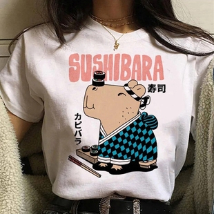 Capybara T shirt 卡通可爱水豚印花短袖T恤女圆领大码打底体恤衫