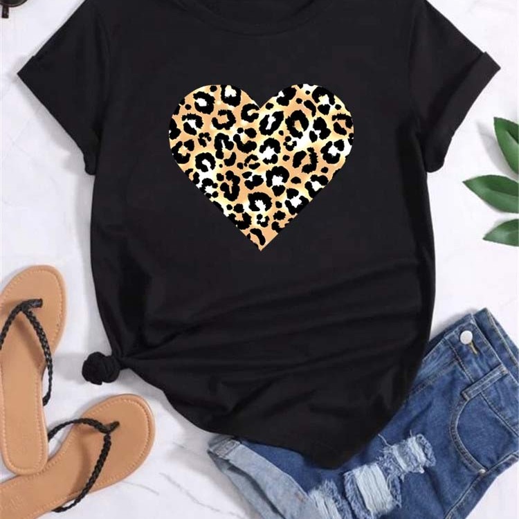 Leopard Heart T shirt 欧美时尚豹纹爱心女士T恤休闲夏季半袖衫