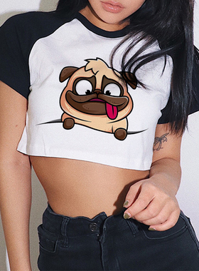 Cute Pug T Shirt 新款可爱狗狗印花短款露脐T恤女装夏季性感上衣
