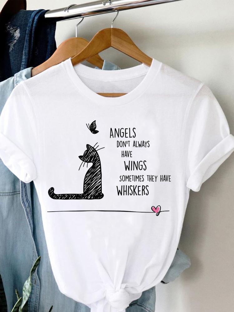 Black Cat T Shirt 2023新款夏季女装个性素描黑猫印花百搭短袖衫
