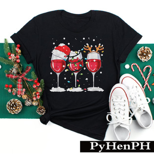 Christmas shirt 圣诞节圣诞帽T恤短袖 Wine 黑色亲子装 Glass
