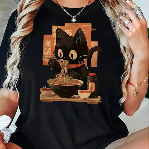 Cute Cat T shirt 日系可爱猫咪吃面条印花T恤休闲圆领打底衫上衣