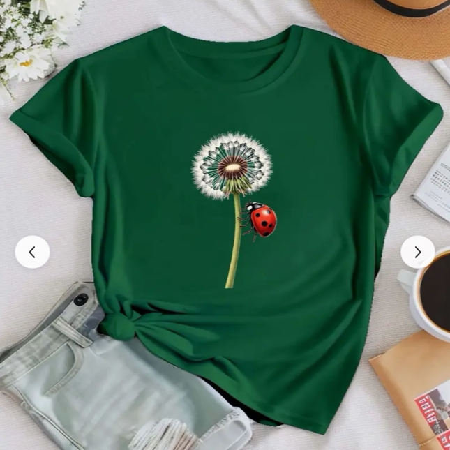 Dandelion Beetle T shirt 夏季女装个性蒲公英瓢虫印花T恤短袖衫