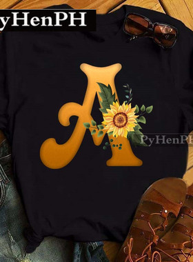 Floral Letter Tshirt 超火黄色花朵字母印花女士大码T恤黑色短袖
