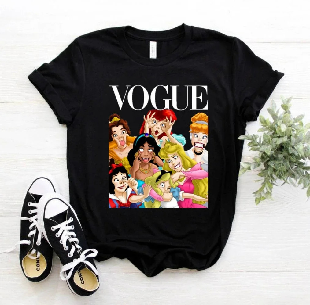 Princess T-shirt 2024新款卡通公主印花短袖T恤女大码黑色亲子装