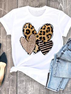 时尚 Leopard Heart Tshirt 白色休闲体恤上衣 豹纹爱心T恤女夏季