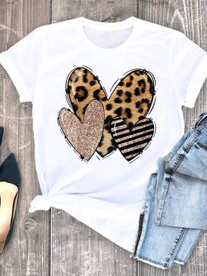 Leopard Heart Tshirt 时尚豹纹爱心T恤女夏季白色休闲体恤上衣