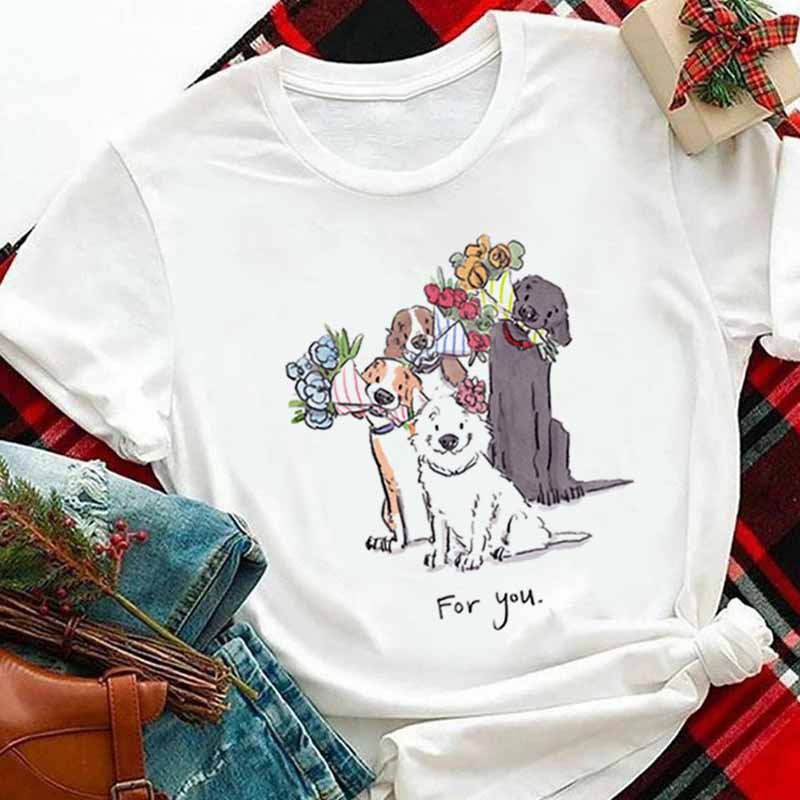 Cute Dog T shirt 夏季简约女装短袖可爱狗狗印花女士半袖T恤上衣