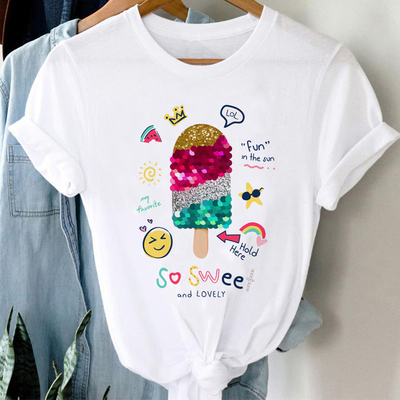 Icecream Tshirt 新款夏季冰淇淋印花T恤女小众风简约百搭上衣服