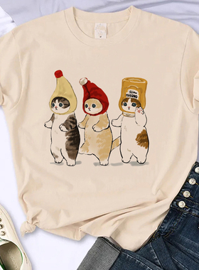 Cute Cat T shirt 新款女士杏色短袖T恤可爱猫咪印花百搭上衣服