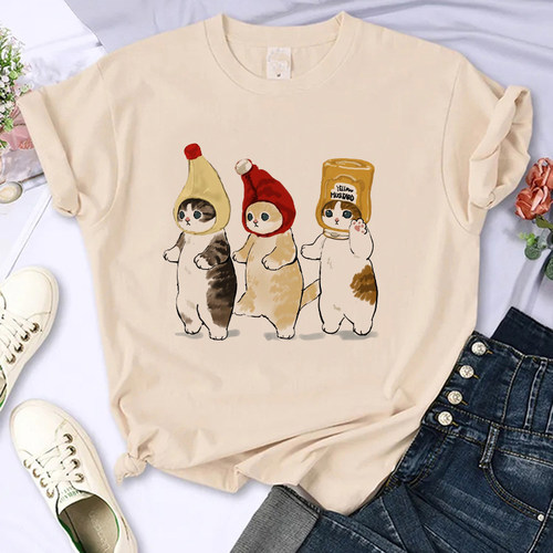 Cute Cat T shirt 新款女士杏色短袖T恤可爱猫咪印花百搭上衣服