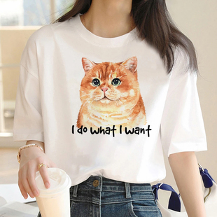 夏季 shirt 女士T恤短袖 卡通可爱猫咪印花大码 上衣服 Cat 亲子装