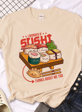 Sushi T shirt 个性卡通寿司印花女士短袖T恤卡其色圆领上衣体恤