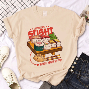Sushi T shirt 个性卡通寿司印花女士短袖T恤卡其色圆领上衣体恤