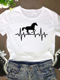 Horse Love T shirt 欧美风黑马心跳印花圆领短袖T恤女上衣服潮